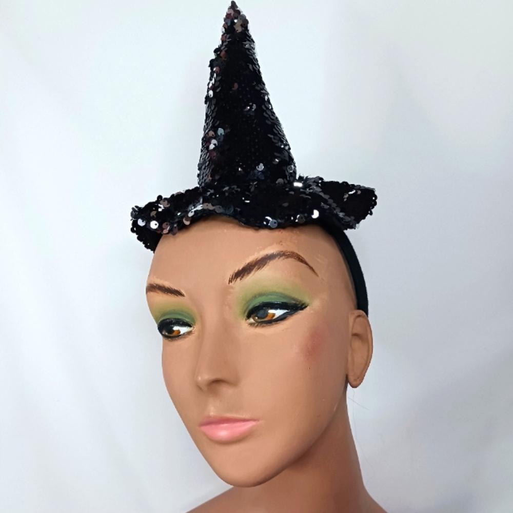 Reversible Black & Silver Sequin Witch Hat Headband.